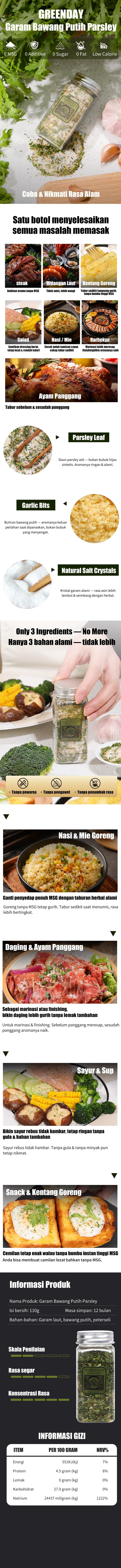 GREENDAY Garam Bawang Putih Parsley Tanpa MSG Rendah Kalori Bumbu Majemuk Serbaguna untuk Steak Sayur & Masakan Sehari-hari
