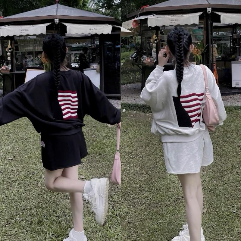 Set Bộ nữ áo nỉ cổ tròn hoạ tiết thêu xù mix quần sooc chất liệu nỉ ép hàn mềm mại dày dặn MS377