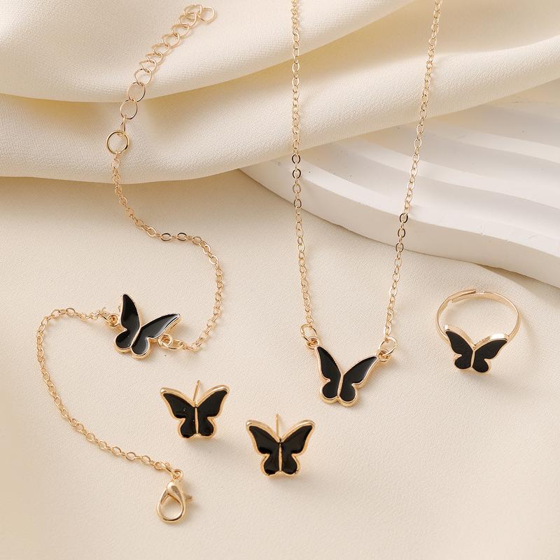 Bộ Vòng Cổ Bướm, Bộ 4 Món, Vòng Tay / Đường Viền Cổ Áo / Hoa Tai / Nhẫn Thời Trang Dễ Phối Đồ Thanh Lịch Cao Cấp, Thích Hợp Làm Quà Tặng Bạn Thân 2