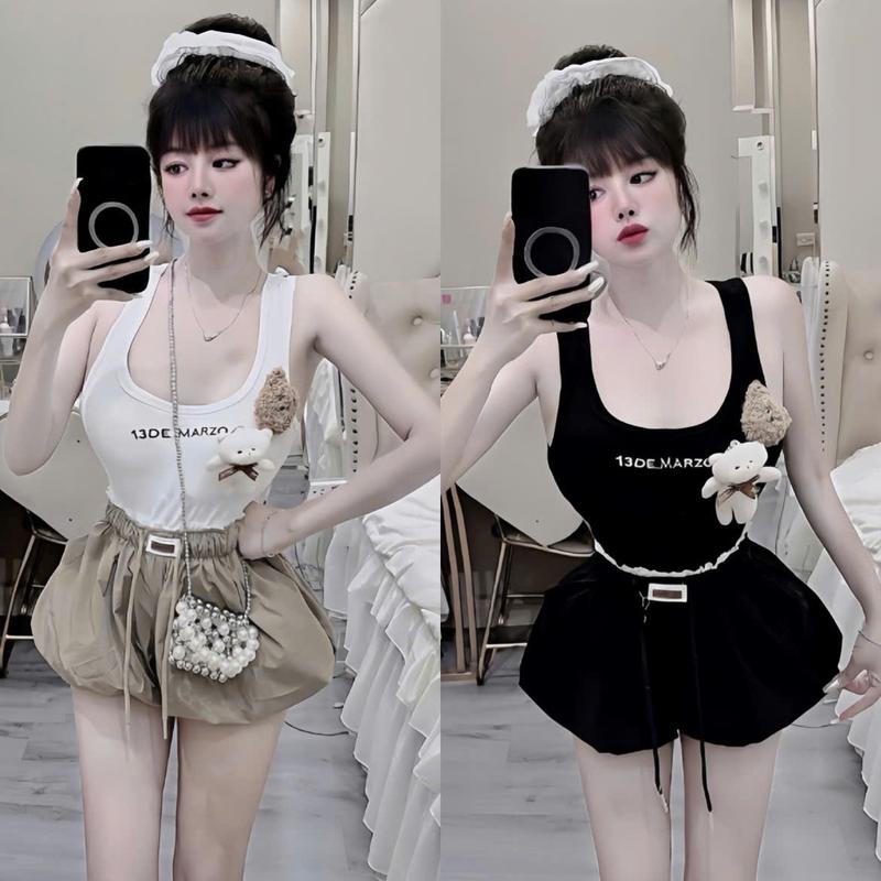 Set áo thun in chữ (có mút) phối quần bí phồng ( có kèm 2 gấu giống hình) thiết kế trẻ trung dễ thương xinh xắn cho nữ mặc đi chơi