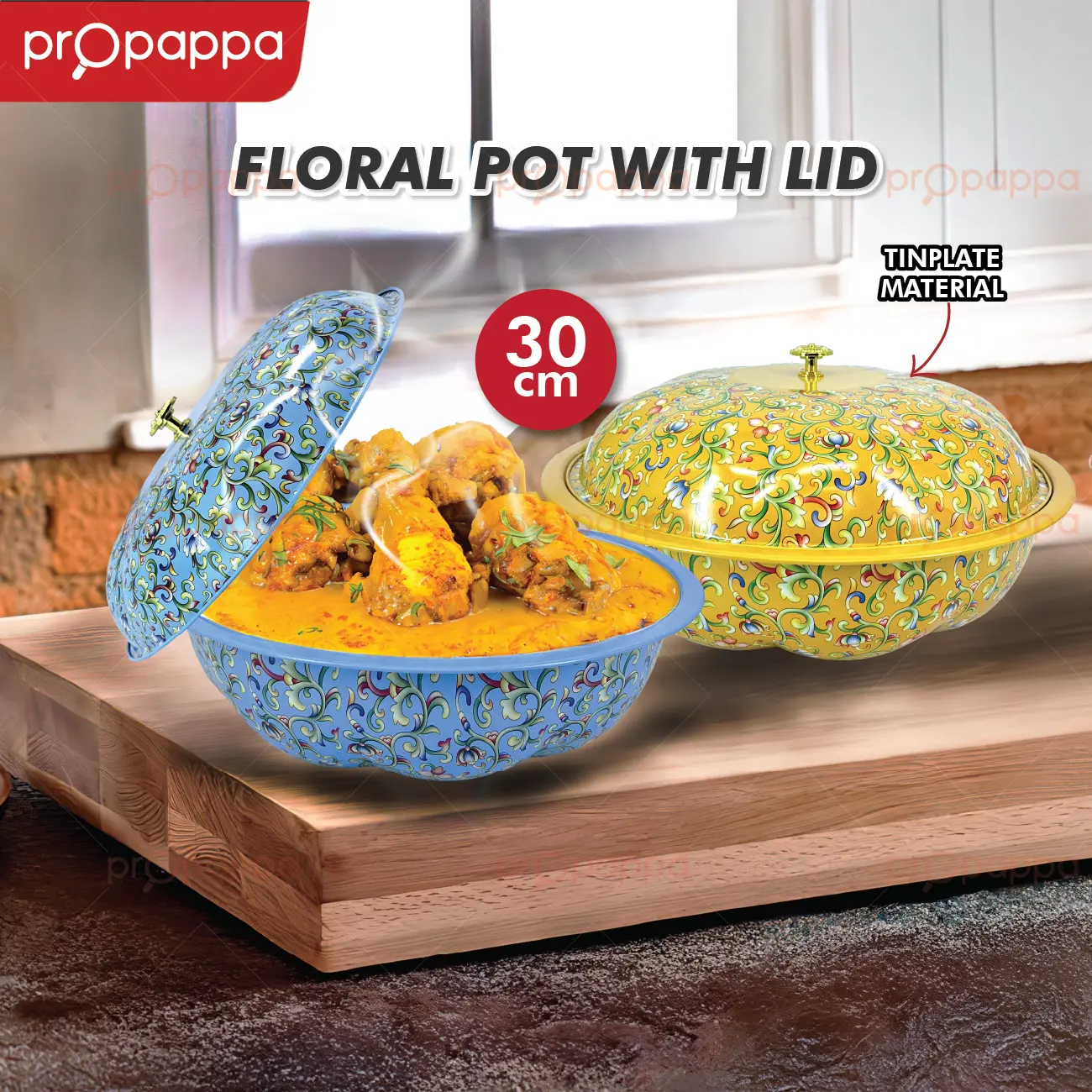 Propappa - Floral Pot With Lid 30cm Large Capacity Food Storage Container Buffet Tray Food Raya Bekas Raya