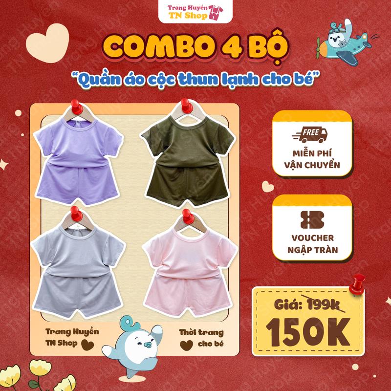 Combo 4 Bộ Quần Áo Cộc Tay Thun Lạnh Trơn Cho Bé Trai Bé Gái Từ 5kg Đến 20kg Tặng Kèm Quà