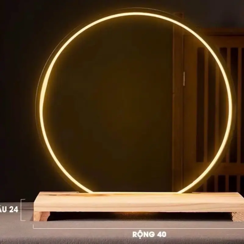 Kệ đèn led tròn đế kim loại - đế gỗ hào quang trang trí chỉnh được 3 màu 4