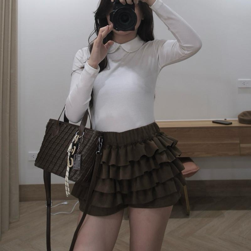 Quần váy Chililuu quần giả váy ngắn xếp ly xếp tầng đai chun da lộn phong cách Hàn Quốc năng động