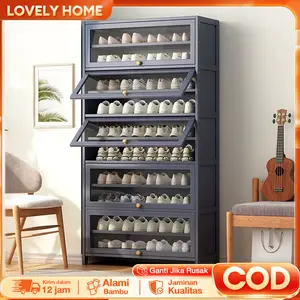 LOVE Lemari Sepatu Bambu Tertutup Anti Debu - Rak Buku & Lemari Penyimpanan Multiguna Lapisan 9/7/5 Bambu Solid Abu-abu