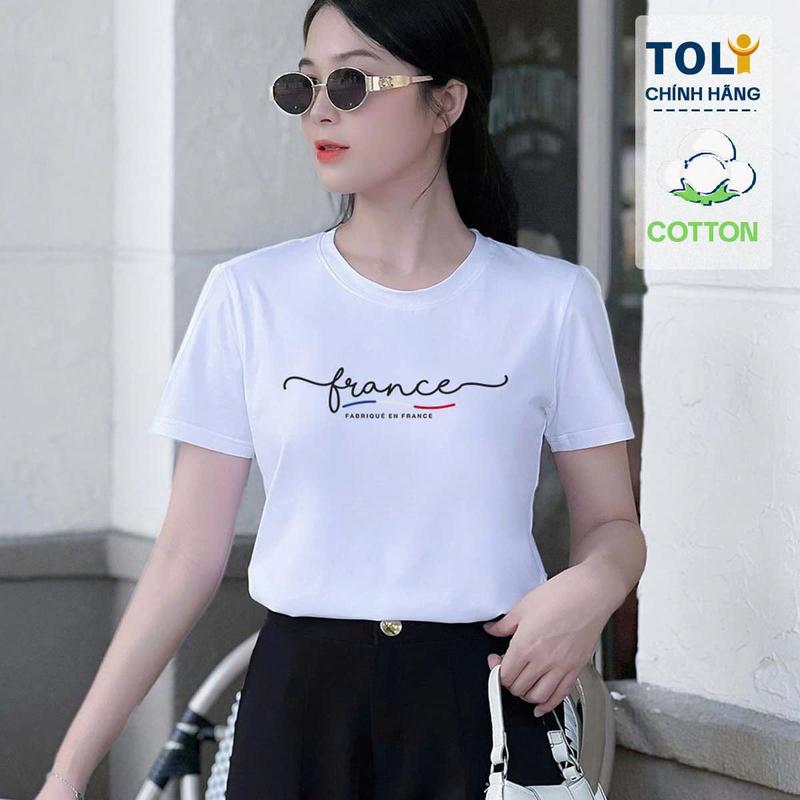  Áo thun nữ cổ tròn TOLI PSB1002 – In chữ France trước ngực form vừa dáng vải cotton 4 chiều mềm mại 