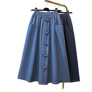 high quality It is breathable and cool. Plus Size Elastic Waist Loose Fit Denim Skirt for Women 2025 Spring Summer New Chinese Style National Style Button Mid-Length Skirt Trend