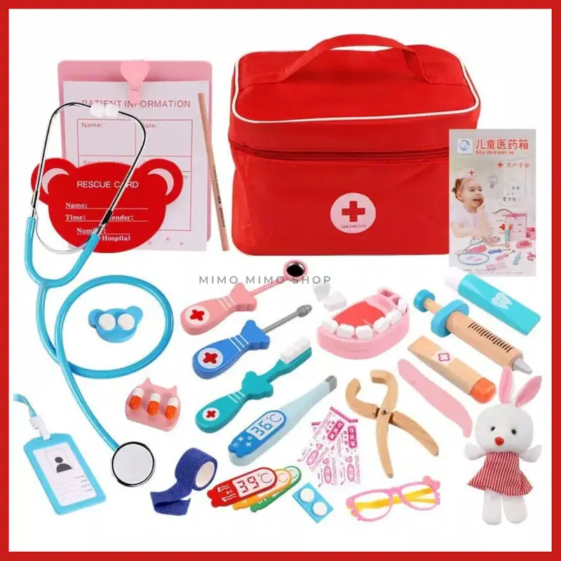 MAINAN DOKTER DOKTERAN ANAK FREE TAS MURAH  - RED DOCTOR MEDICAL WOODEN TOYS | Mainan Edukasi Dokter Gigi | Dokter Anak Wooden Toys Kayu 0
