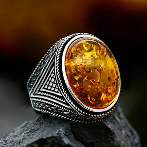 Cincin Batu Amber Oranye Oranye Faux Vintage Pria yang Dipersonalisasi Desain Pola Tali Cincin Punk Perak Hitam Punk Pria Faux Topaz Aksesori Busana Pesta Pernikahan Original Ring
