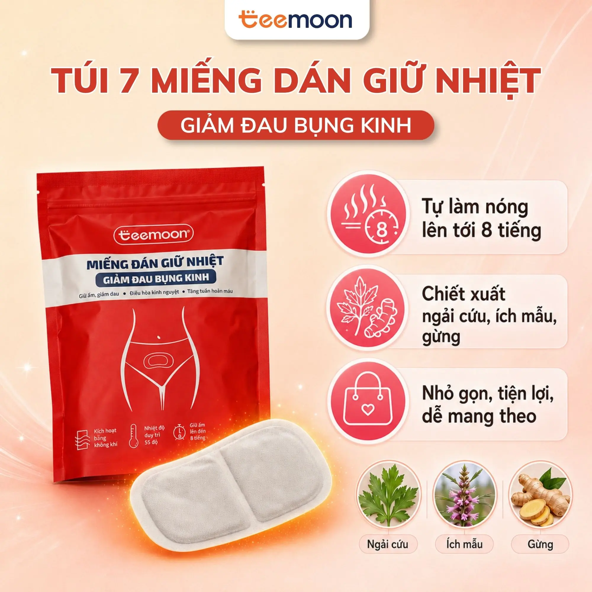 [Che tên] Miếng Dán Giữ Nhiệt Giảm Đau Bụng Kinh Teemoon (7 miếng), Giữ Nhiệt 8 Tiếng, Tinh Chất Gừng, Ngải Cứu, Cây Ích Mẫu