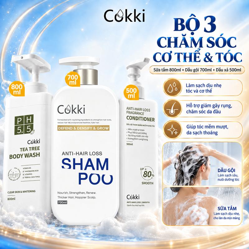 DẦU GỘI 700ml + SỮA TẮM 800ml + DẦU XẢ 500ml-Anti-hair loss Shampoo &Tea Tree Shower Gel & Hair Conditioner - Công thức dịu nhẹ với hương thơm tươi mát giúp làm sạch và nuôi dưỡng tóc và cơ thể - CHO NAM VÀ NỮ