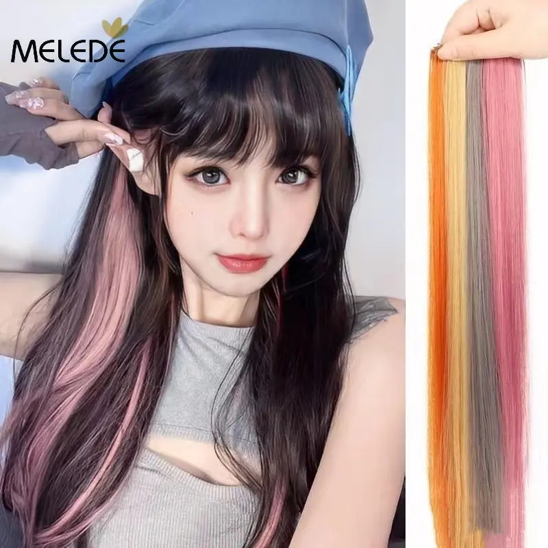 MELEDE Rambut Jepit Palsu Colourful Extention Highlight Ekstensi/ Wig Women/Rambut Lurus Palsu/jepit rambut