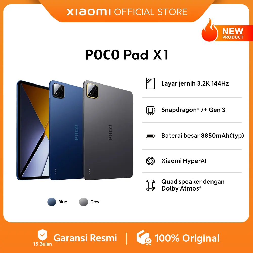 POCO Pad X1 (8GB/512GB) | Layar jernih 3.2K 144Hz | Snapdragon 7+ Gen 3 | Baterai besar 8850mAh (typ) | Xiaomi HyperAI | Quad speaker dengan Dolby Atmos [Official Store]
