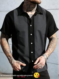Camisa para hombre de verano talla grande con bloques de color y rayas verticales altas, manga corta casual abotonada, cómoda y elegante