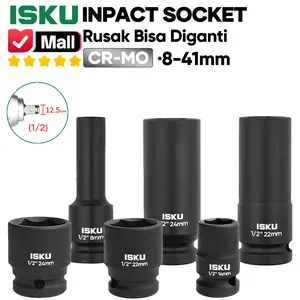 Isku Impact Socket panjang/pendek 1/2 Kunci Mata Sok Pukul 8mm ~ 46 mm