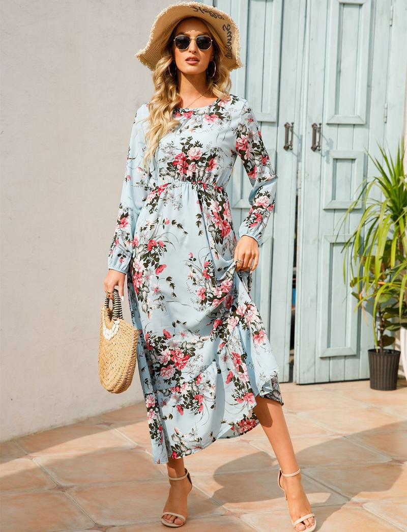 Product Introduction of Cross-Border Foreign Trade Spring and Autumn Floral Chiffon Dress Waist-Controlled Slimming Long Sleeve round-Neck Long Printed Dress Women's 19