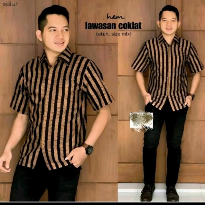 kemeja lurik tenun halus lengan pendek Hem Atasan Pria Dewasa Hitam Salur Formal Katun halus 4