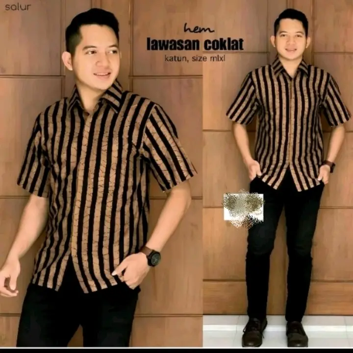 kemeja lurik tenun halus lengan pendek Hem Atasan Pria Dewasa Hitam Salur Formal Katun halus 4