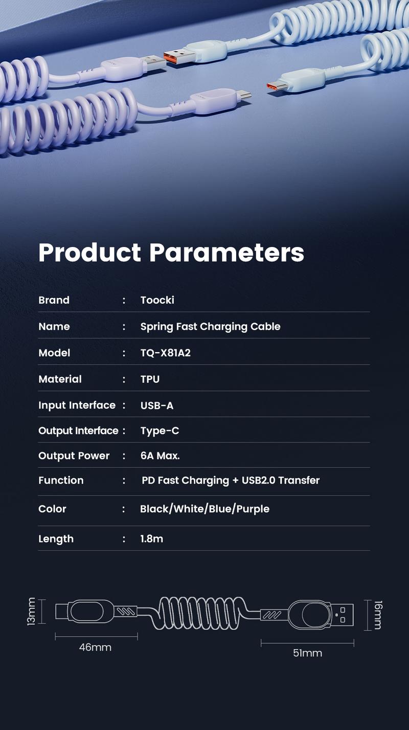 Product Introduction of Toocki PD100W Type C To Type C Spring Fast Charging Cable 6A USB A To Type C Fast Data Line A-L 20W C-L Car Charger Wire 1.8m 32