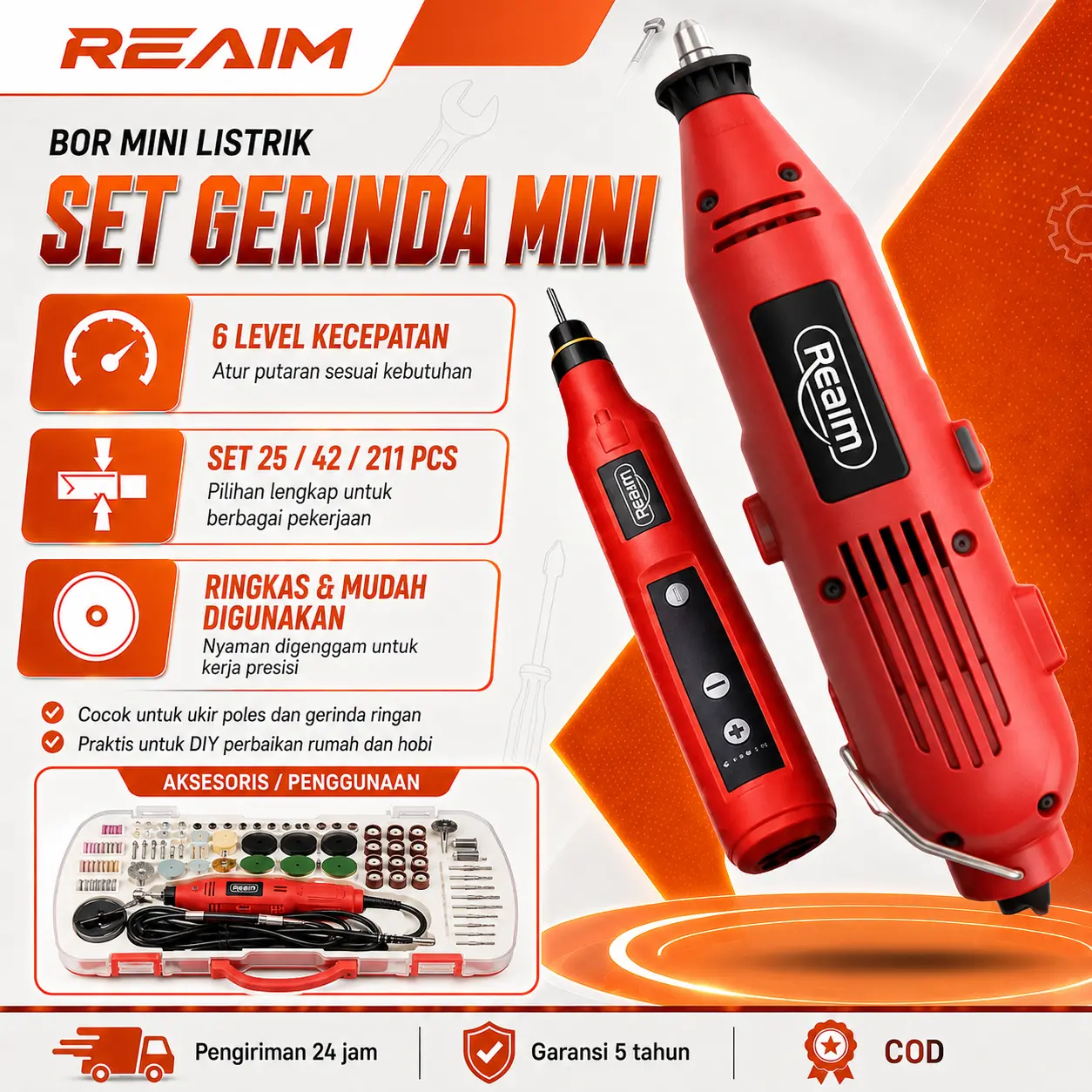 REAIM Mini Drill Grinder Set 12V DC 15000RPM Bor Listrik Mini Grinder 211PCS Rotary Tool Bor Mini Elektrik Mata Bor Amplas Aksesori Lengkap Ukir Kayu Poles Logam Potong Akrilik