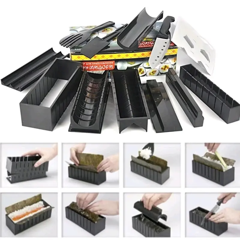 SUSHI MAKER PROFESIONAL 10SET/ CETAKAN SUSHI LENGKAP Alat Bulat, love,kotak hitam plasik premium 3