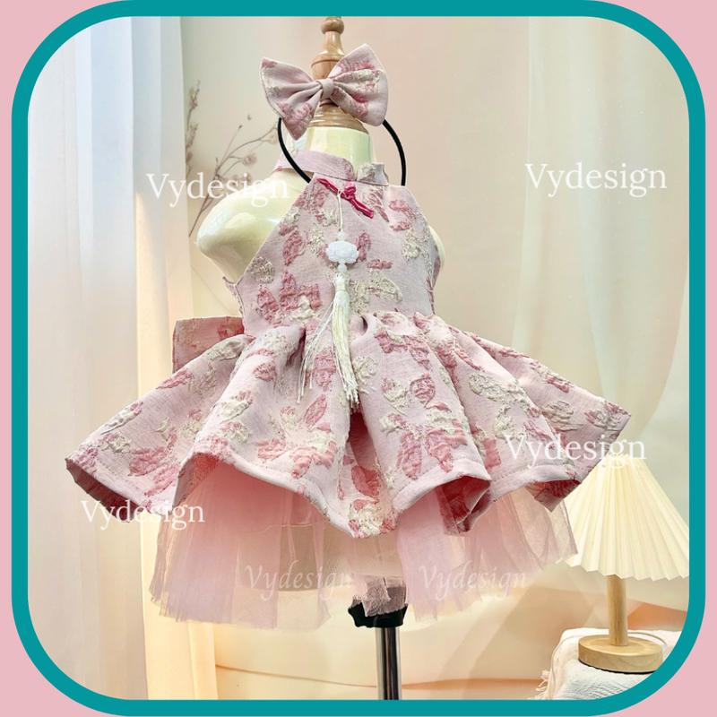 CHÍNH CHỦ Set Váy Công Chúa Bé Gái Dự Tiệc Váy Tết Yếm Gấm Cao Cấp Kèm Phụ Kiện