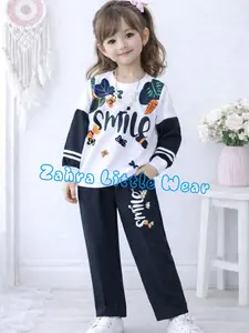 Zahra Little Wear One Set Cargo Smilee Anak Perempuan Terlaris Terbaru Nyaman Bahan Babyterry dengan Desain Bunga dan Tulisan Smile Terlaris Terbaru