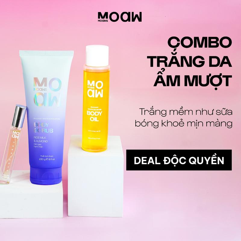 LIVE DEAL ĐỘC QUYỀN Combo Body Oil Tẩy Tế Bào Chết Nước Hoa MOAW MOAWS Dầu Dưỡng Body - Bột Trắng Da Trộn Sẵn Hỗ Trợ Làn Da Ẩm Mịn Đều Màu Mềm Mịn Da - Hỗ Trợ Thấm Kem Nhanh