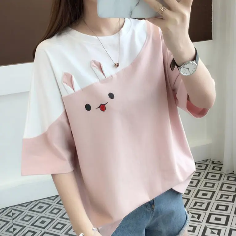 Áo Thun Thêu Hình Thỏ Cho Nữ, Áo Ngắn Tay Dáng Rộng, Khối Màu