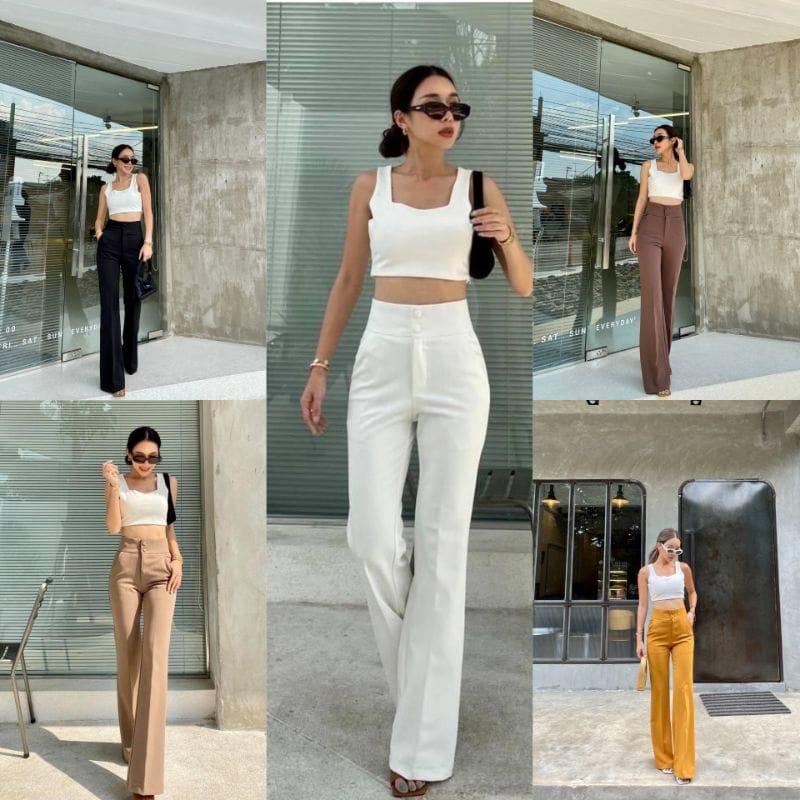 PROMTTHONG PANTS DAN JUMBO CELANA WANITA Kancing Karet Panjang  Scuba  Kulot  Basic  Casual  Kerja  Tebal  Kantor Hitam 6