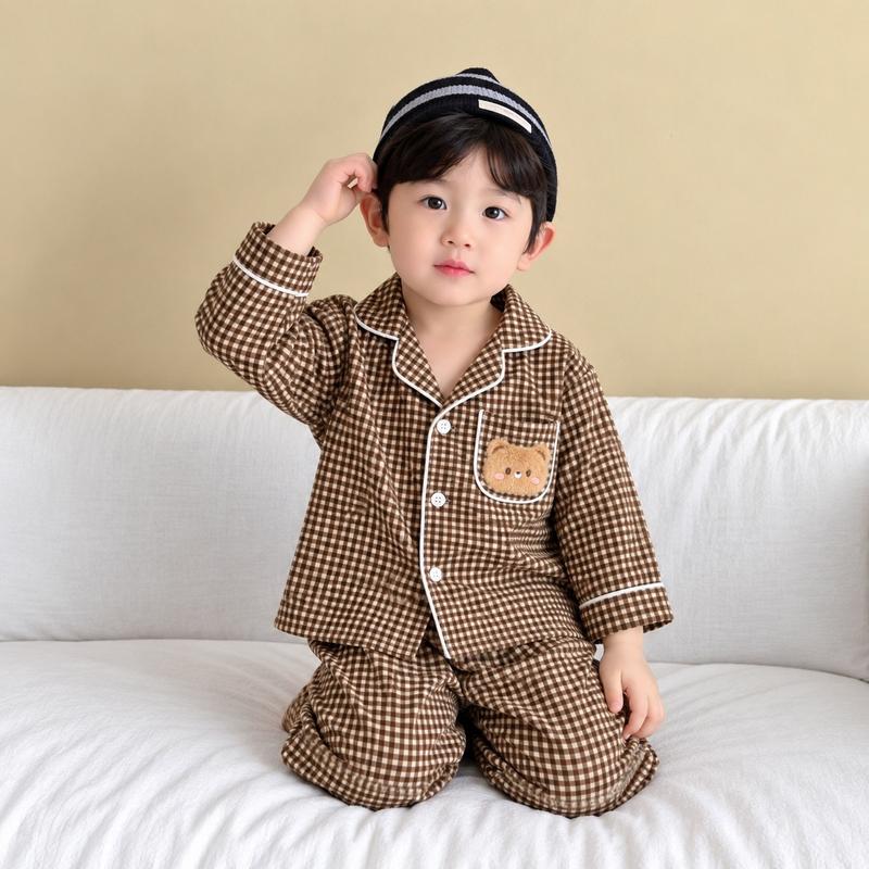 Bộ Pijama Dài Tay Cho Bé Trai Bé Gái Đính Gấu Họa Tiết Caro 8-18kg-Gokichi