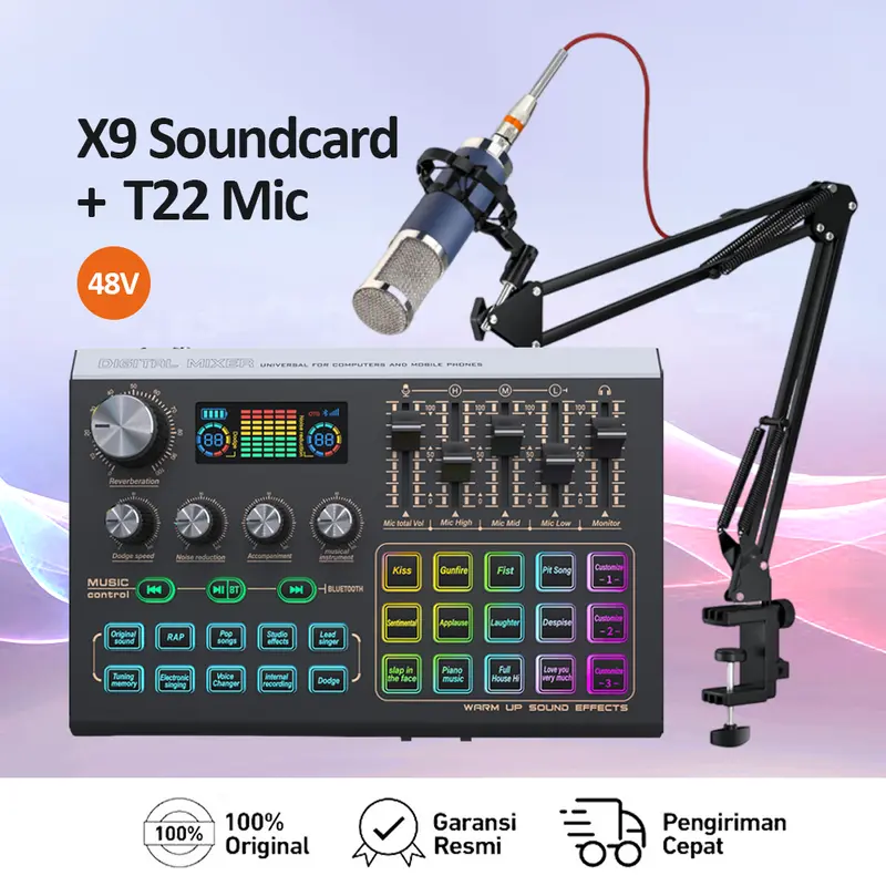 MUSIX X9 Sound card + F22 mikrofon dudukan kantilever mixer langsung profesional tekstur logam dan tampilan layar LCD 48V Kartu suara X9 merekam karaoke 0
