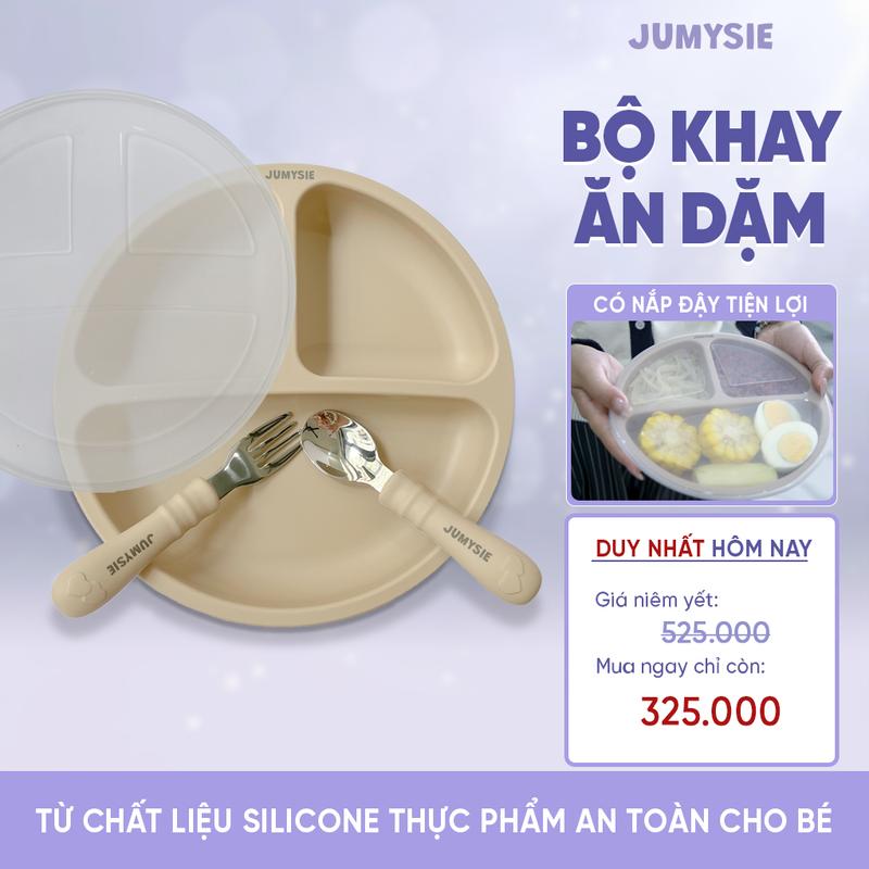 Set Ăn Dặm Jumysie Silicone Cao Cấp - Khay Ăn Dặm Chia 3 Ngăn Có Nắp Thìa Dĩa Vừa Vặn Dễ Vệ Sinh