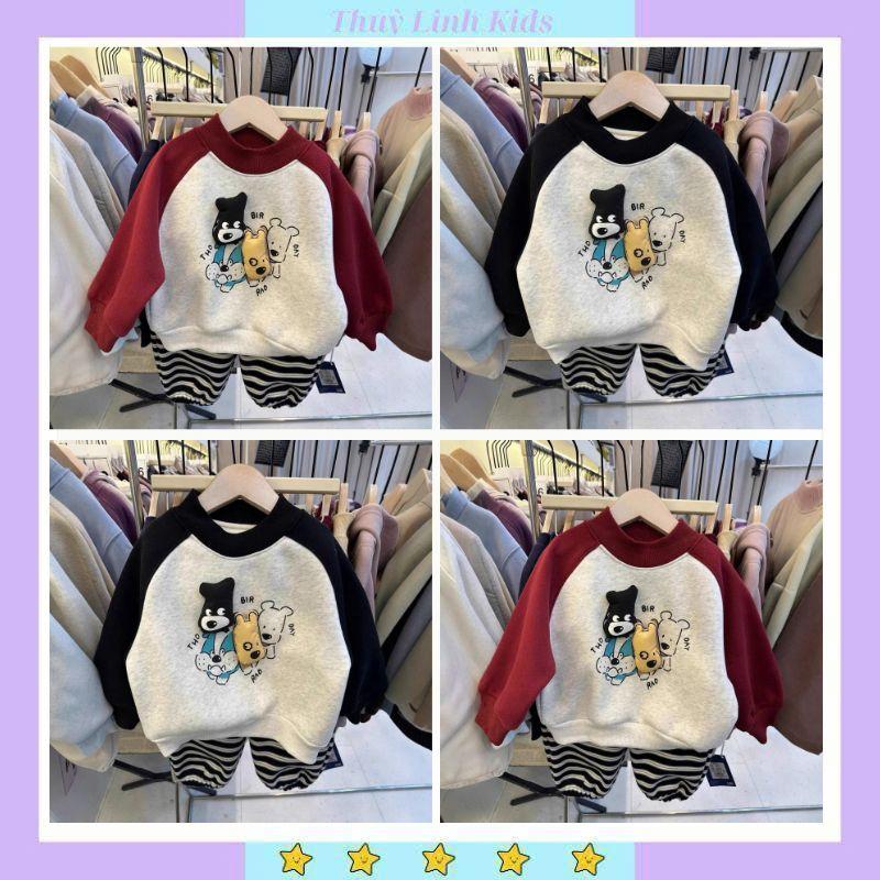  Bộ quần áo nỉ bông quần kẻ áo đính 2 chú cún nhồi bông dễ thương cho bé trai bé gái 8-18kg 