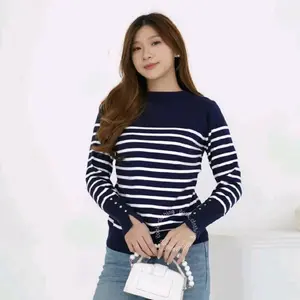 Blouse Rajut Strip Inara Lengan Kancing Atasan Knit Wanita Kekinian