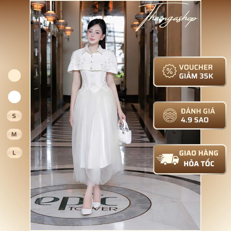 Set hai món nữ : váy hai dây dáng dài phối lưới kèm áo choàng ngoài đính nơ màu nude màu trắng size S M L , sang trọng, thanh lịch dự tiệc  Women Dress