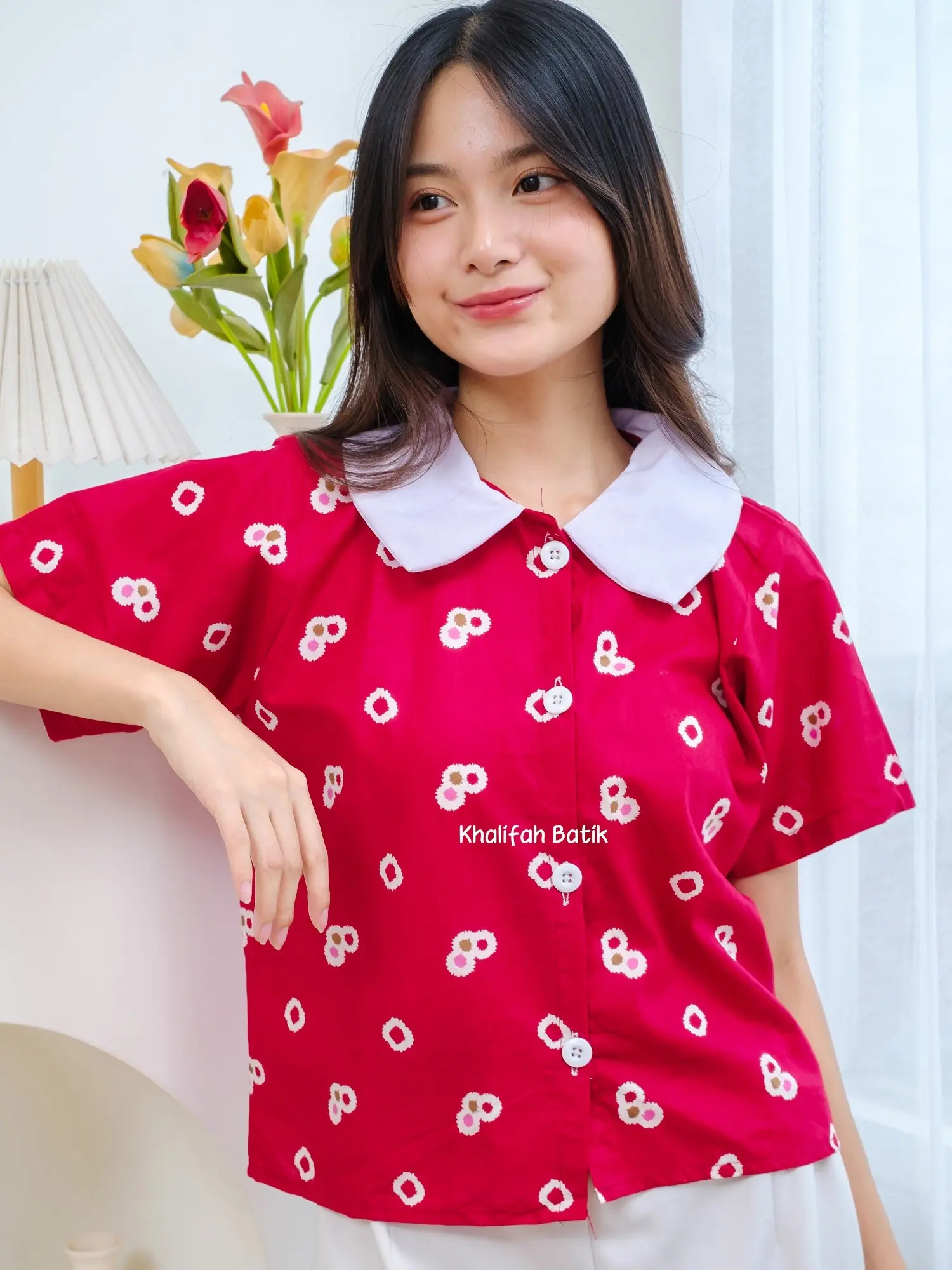 Baju Atasan Kemeja Crop Top Wanita Casual Motif Batik Jumputan Katun Dewasa Cewek Panjang Pendek Remaja Bunga Kerja
