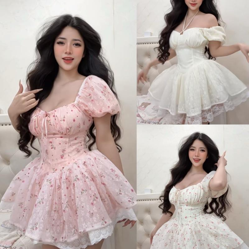 Hàng 4 Lớp-Kèm Quần Rời ĐẦM TIỂU THƯ CỔ VUÔNG TAY BỒNG HOA NHÍ PHỐI VÁY REN XOÈ PHỒNG XINH