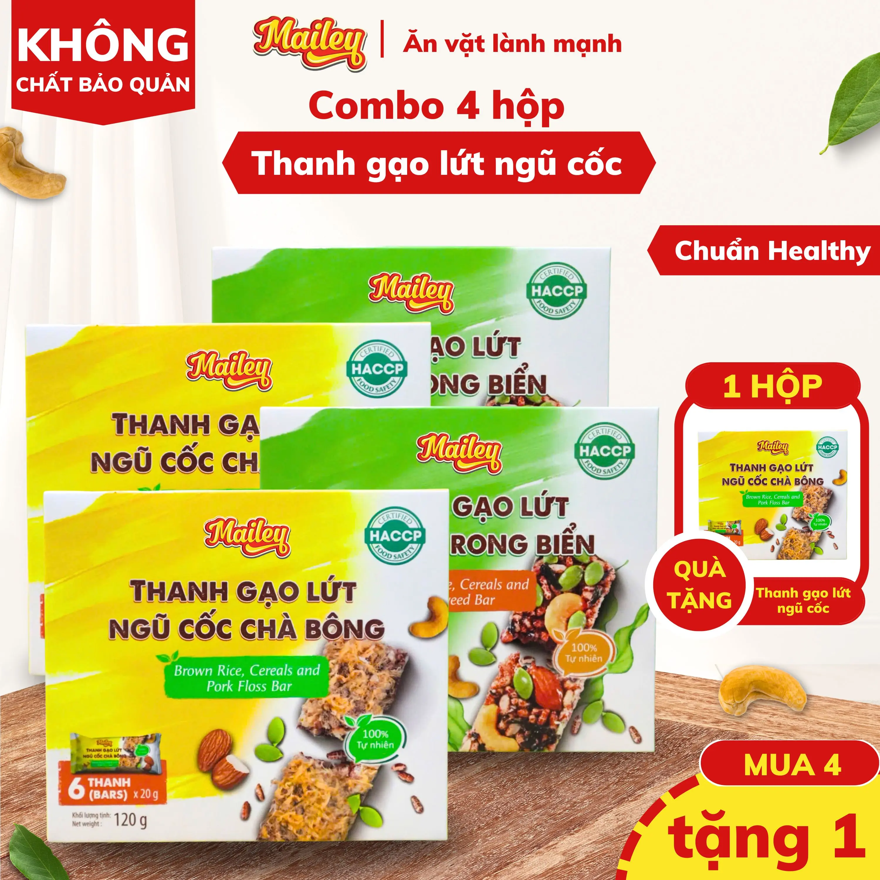 [COMBO 4 HỘP TẶNG 1]Thanh gạo lứt ngũ cốc chà bông,rong biển mix hạt Mailey - Dùng cho người ăn healthy, ăn chay
