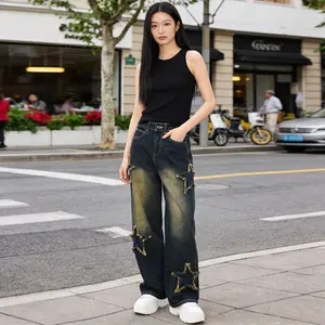 Celana Jeans Navy Blue Straight Cut Wanita  Edgy Star Cut-Out Detail Panjang High 8868