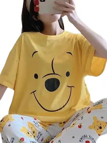 Piyama Baju Tidur Wanita Model Kaos Lengan Pendek dan Celana Panjang dengan Motif Kartun Lucu - Bahan Lembut -T010 0