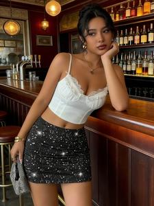 Falda corta ajustada de color plateado con lentejuelas y cintura ceñida para mujer, vestido de mitad de longitud en línea A que realza la figura para fiestas
