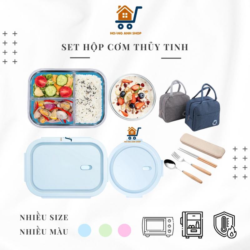 Nhiều Mẫu - Set Hộp Cơm Thủy Tinh 3 Ngăn 1L Kèm Hộp Canh, Túi Giữ Nhiệt, Muỗng Đũa Nĩa Inox Cán Gỗ Văn Phòng