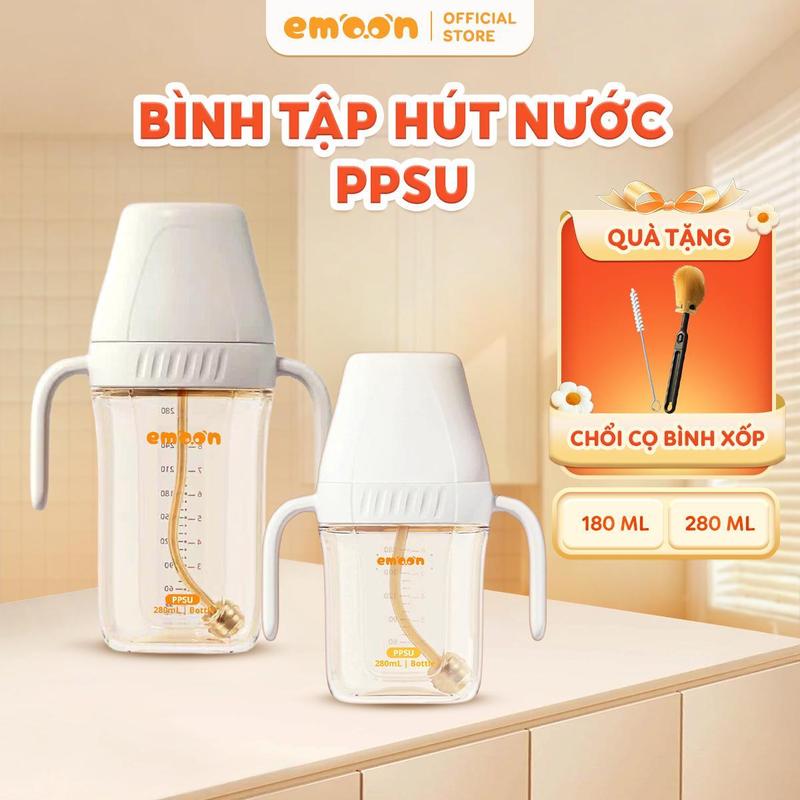 Bình Tập Hút Nước EMOON Chất Liệu PPSU Cao Cấp Dung Tích 180ml - 280ml An Toàn Với Ống Hút Silicone Siêu Mềm Có Van Chống Sặc Cho Bé Theo Từng Giai Đoạn Thiết Kế Giống Ti Mẹ Tiện Dụng