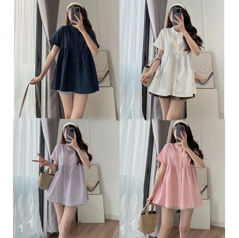 Set áo sơ mi cổ tàu tay ngắn dáng babydoll kèm cúc dọc thân dễ thương ChangStore - S120