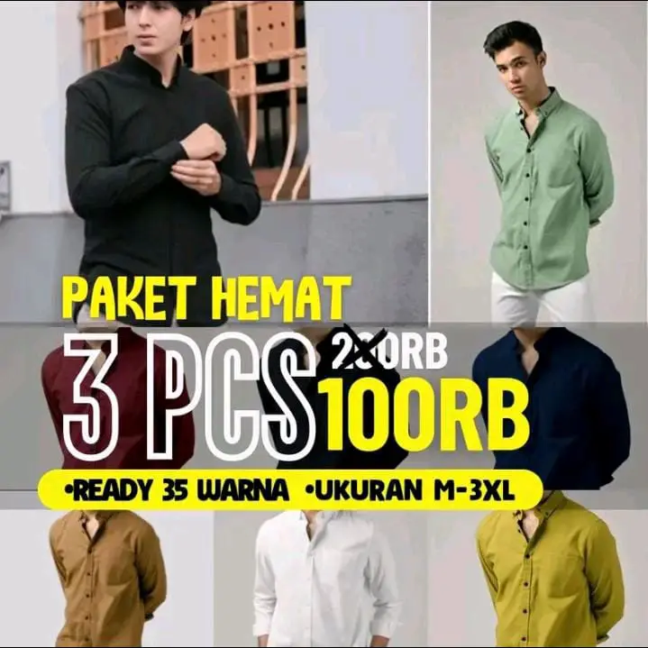 kemeja pria 90 ribu 3 pcs lengan panjang polos dewasa premium Katun Kaos Nyaman Putih Hitam Casual Lembut