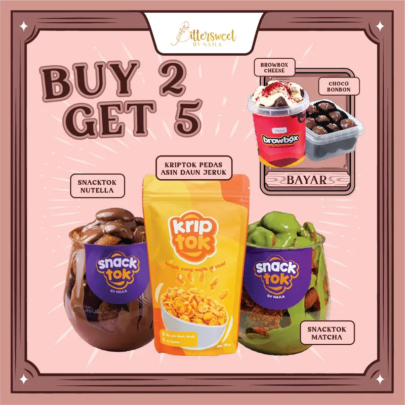 [ FLASH SALE ] ( BAYAR 2 DAPAT 5 ) 2 Snacktok ( nutella + matcha ) + Browbox Cheese + Choco Bonbon + Kriptok Pedas Asin Daun Jeruk [ Best Price ] 0