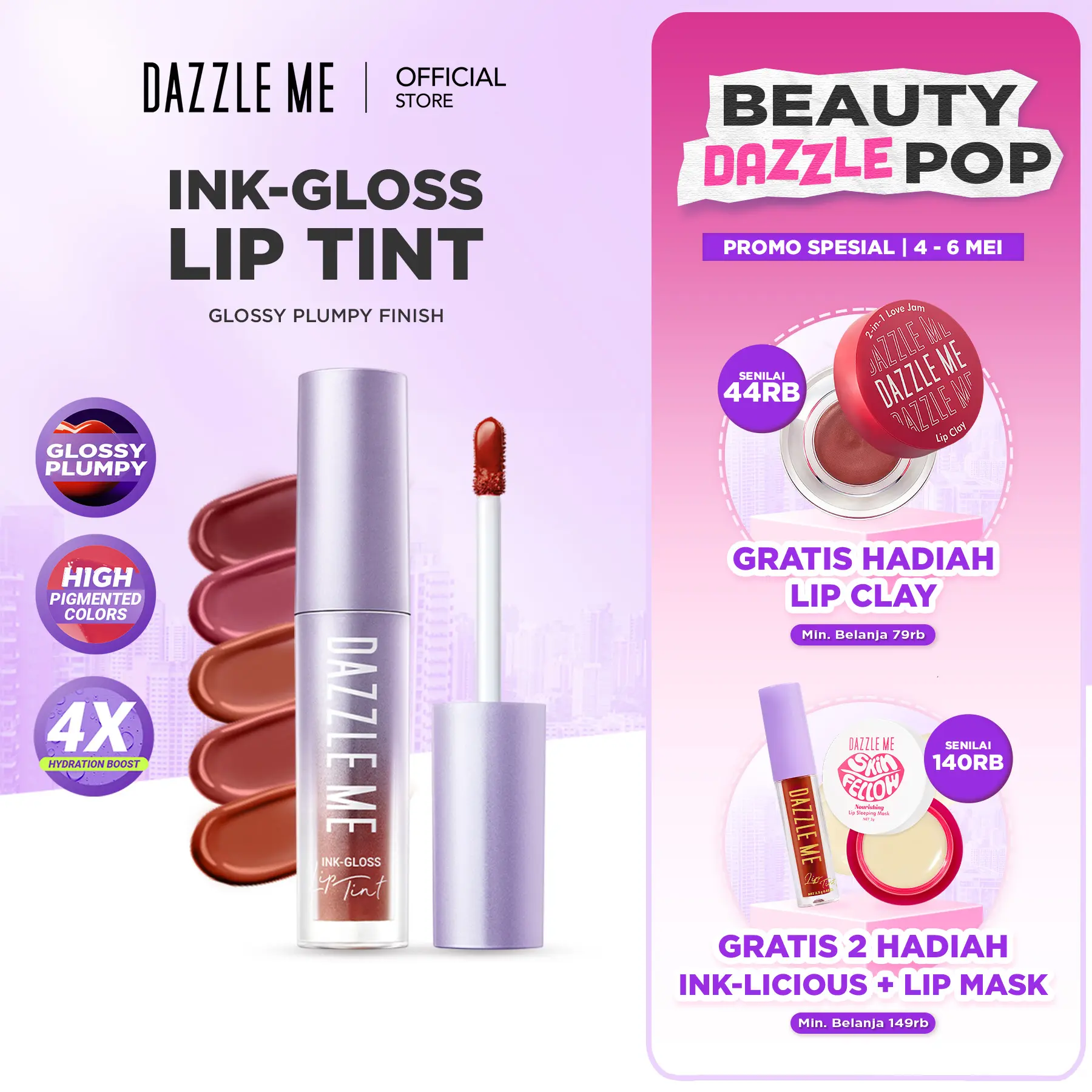 DAZZLE ME Ink-Gloss Lip Tint Watery Ink Gel Lip Tint Melembabkan Bibir Hydrating Lip Gloss