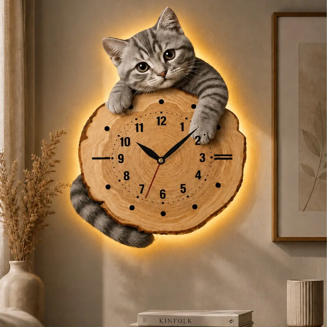 JamDinding Ukir k ter kucing lucu unik estetik Hiasan Dinding R ng Tamu Kamar tidur kamar anak LAMPU LEDZ106 - KUCING GREY