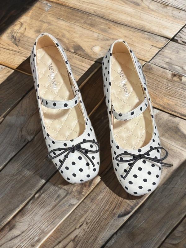 MEYBANNI - Giày Búp Bê Mũi Tròn Chấm Bi Đế Bệt Quai Ngang Phối Nơ Xinh - C193